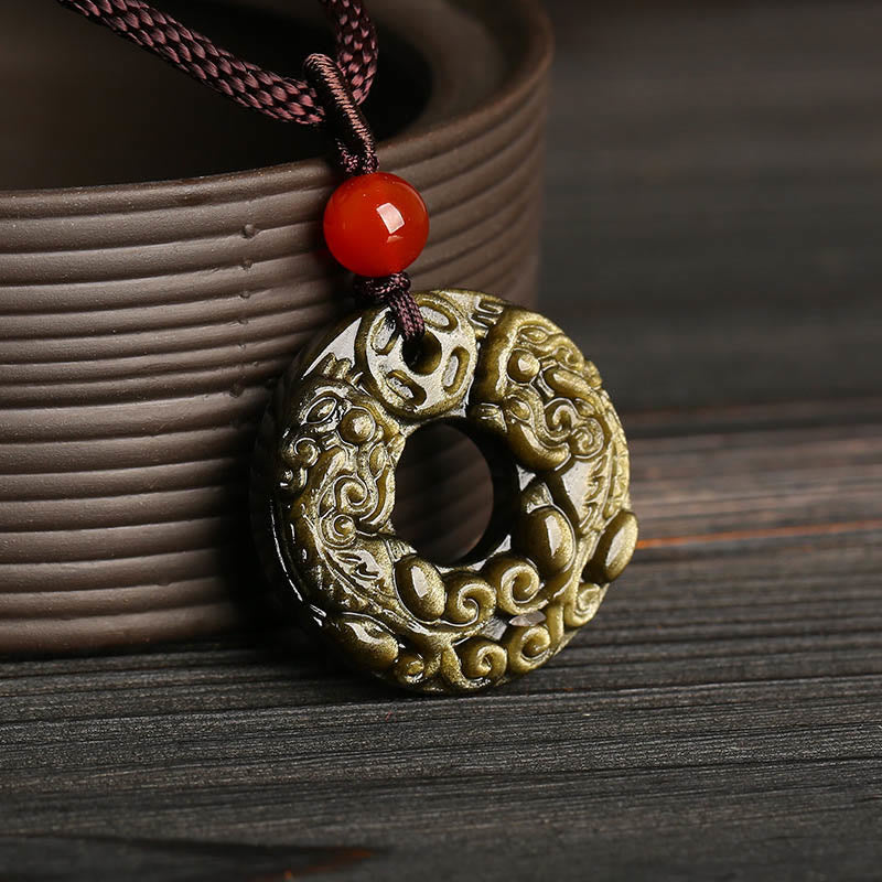 Gold Sheen Obsidian Wealth Necklace with Pixiu & Peace Buckle