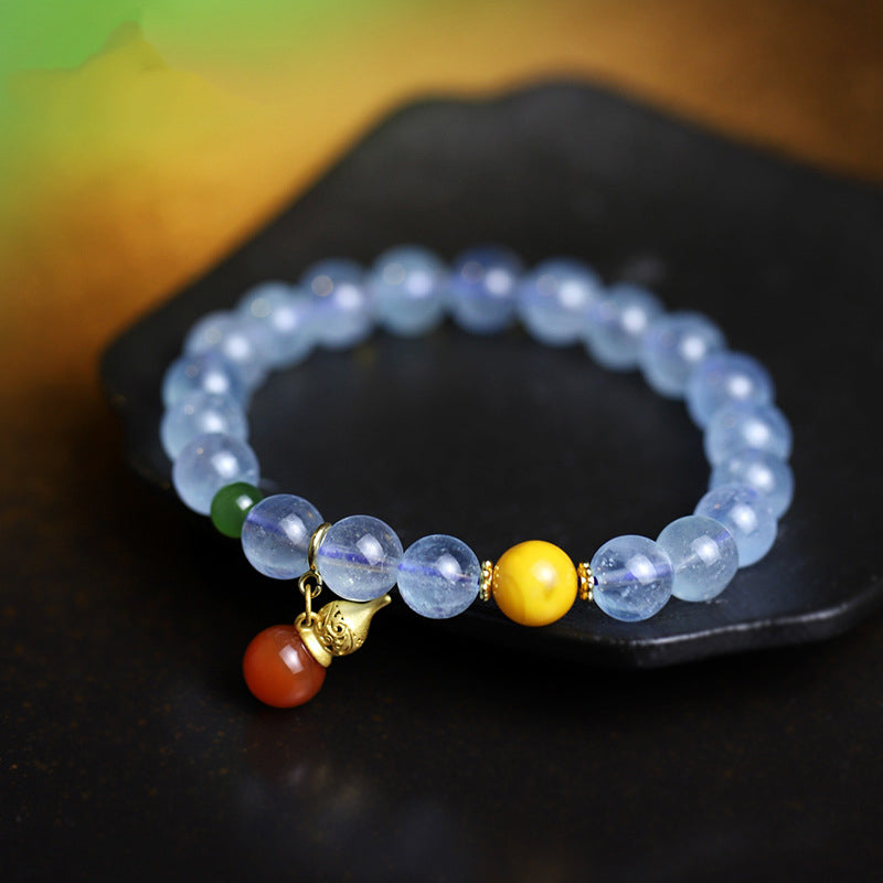 8mm Aquamarine Red Agate Peace Charm Bracelet for Serenity