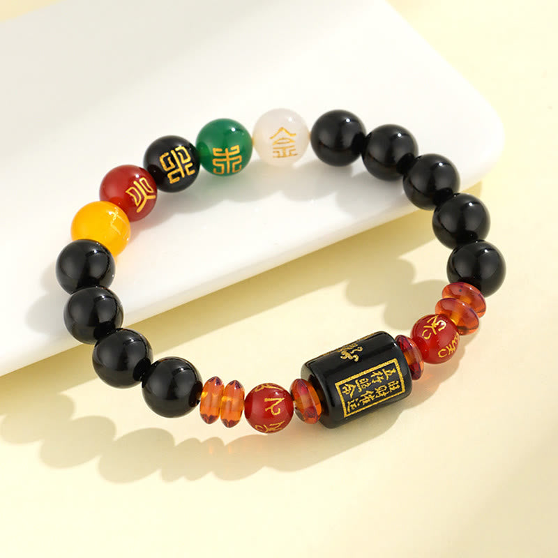 Fünf Elemente Schwarzes Onyx-Achat-Armband für Weisheit und Reichtum