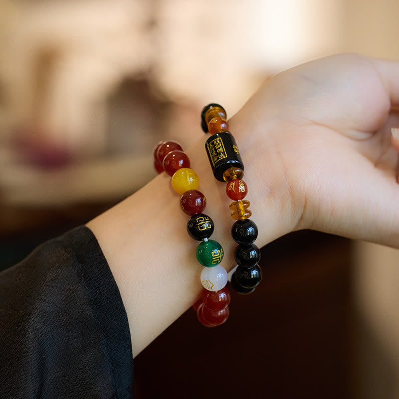 Fünf Elemente Schwarzes Onyx-Achat-Armband für Weisheit und Reichtum