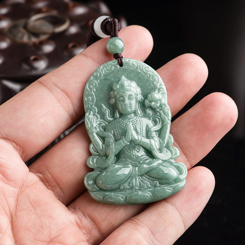 Vierarmige Avalokitesvara Jade-Amulett-Halskette für Segen