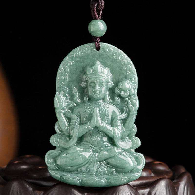 Vierarmige Avalokitesvara Jade-Amulett-Halskette für Segen