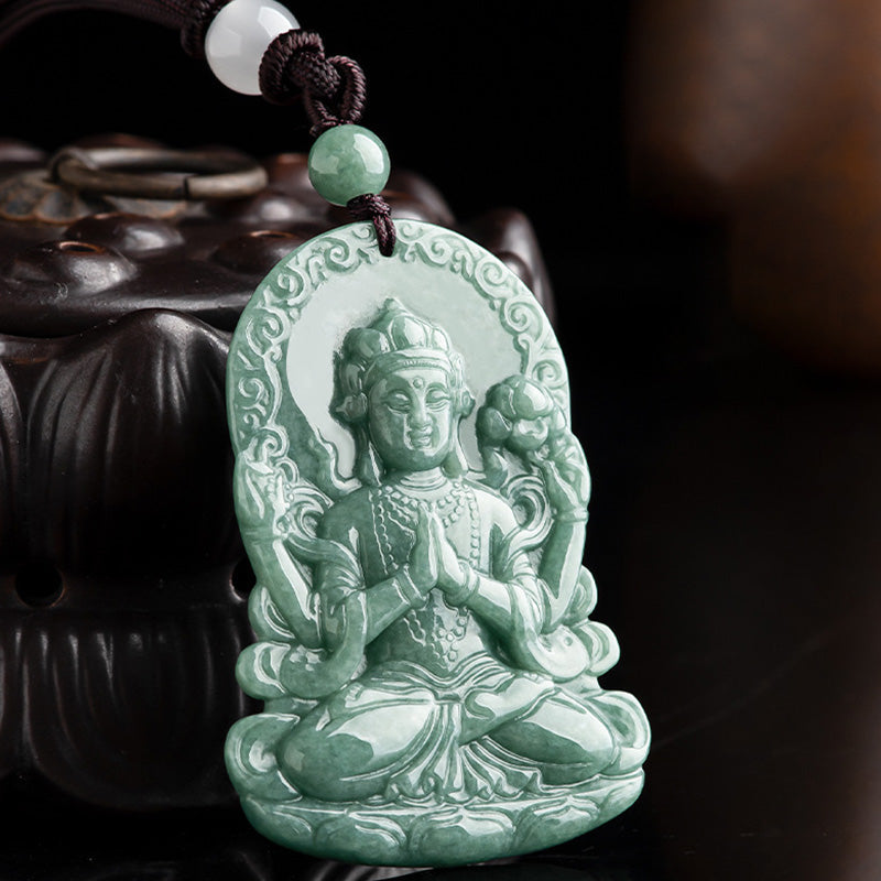 Vierarmige Avalokitesvara Jade-Amulett-Halskette für Segen