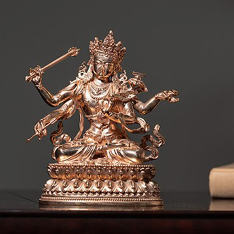 Vierarmige Manjusri-Buddha-Statue aus Kupfer, 10 cm, Meditation