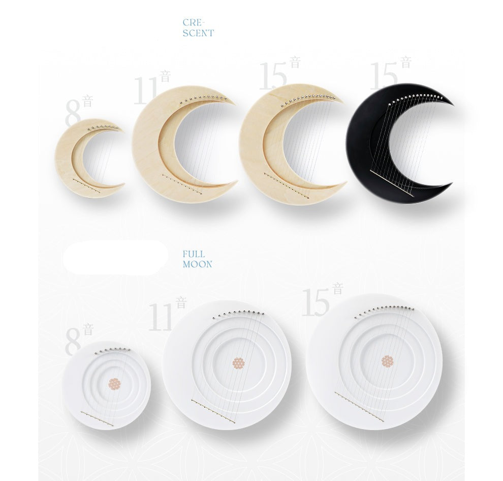 Sequence of moon phase illustrations in cream and white for Full Moon Lyre Harp Instrument