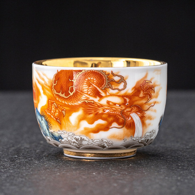 Vergoldete Keramik Teetasse mit Drachen- und Phönix-Kranich-Motiv, 170 ml, spirituell