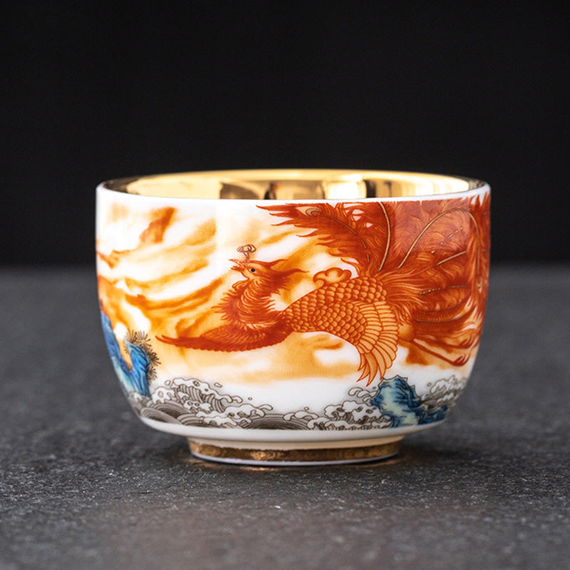 Vergoldete Keramik Teetasse mit Drachen- und Phönix-Kranich-Motiv, 170 ml, spirituell