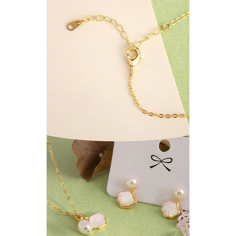 Schmuckset mit Ginkgo-Tridacna-Perlen und Kupferring, Ohrringen und Halskette