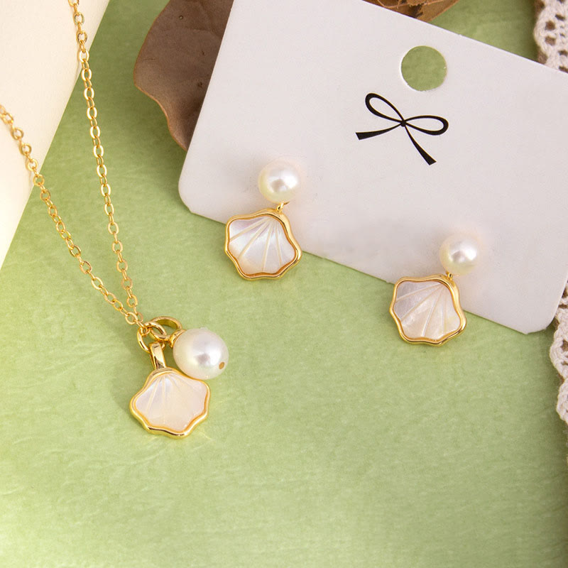 Schmuckset mit Ginkgo-Tridacna-Perlen und Kupferring, Ohrringen und Halskette