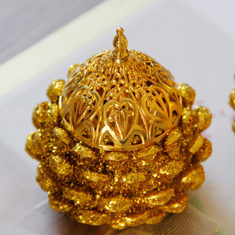 Mini-Räuchergefäß mit goldenem Tannenzapfen | Spirituelles Ritualdekor