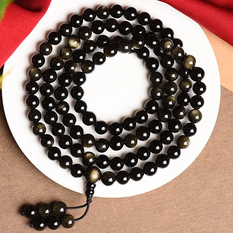 Goldschimmerndes Obsidian-Reichtums-Mala-Armband mit 108 Perlen