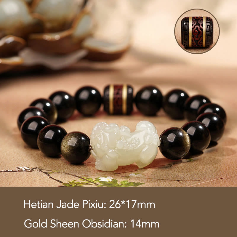 Goldschimmerndes Obsidian-Pixiu-Reichtumsarmband 14 mm für Herren
