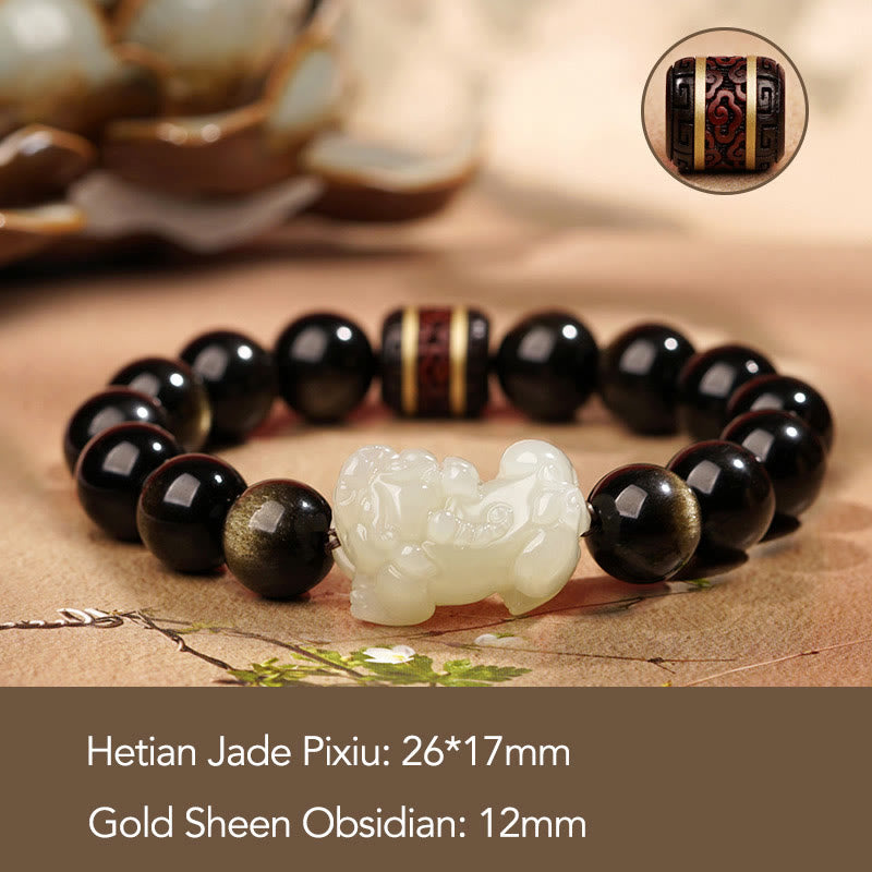 Goldschimmerndes Obsidian-Pixiu-Reichtumsarmband 14 mm für Herren