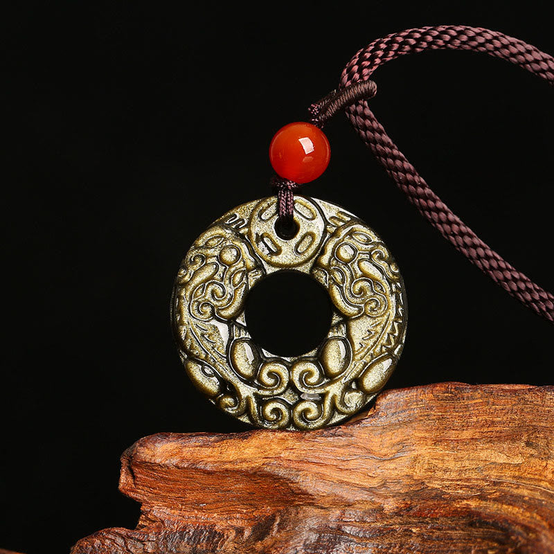 Goldglänzende Obsidian-Reichtumskette mit Pixiu- und Friedensschnalle