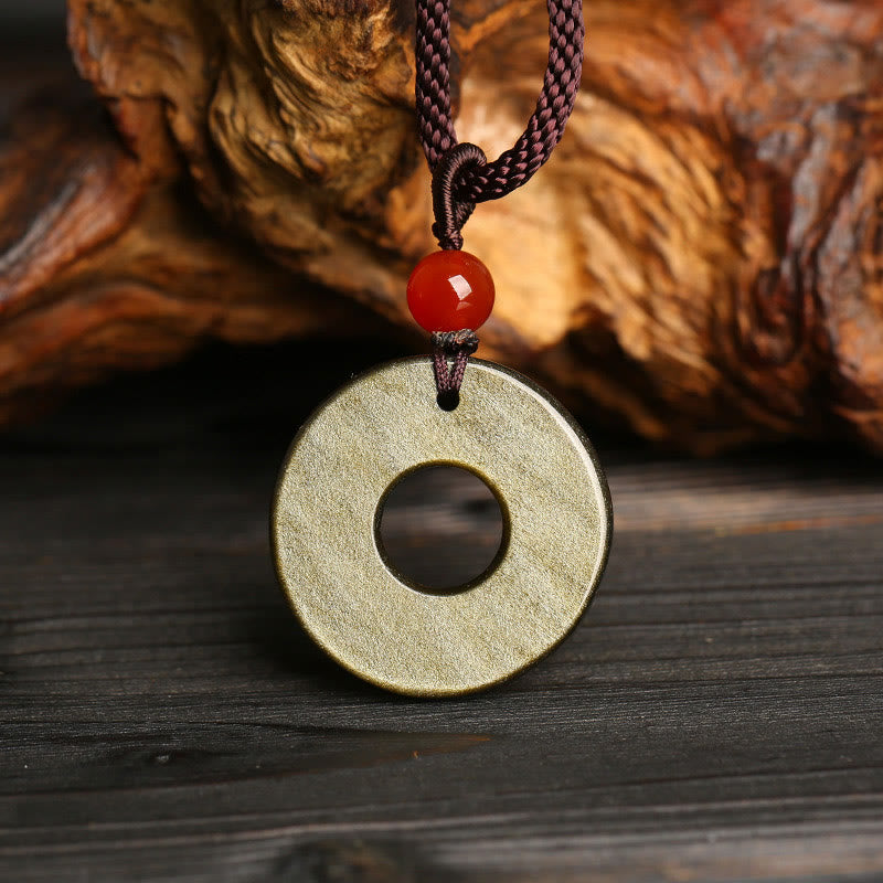 Goldglänzende Obsidian-Reichtumskette mit Pixiu- und Friedensschnalle