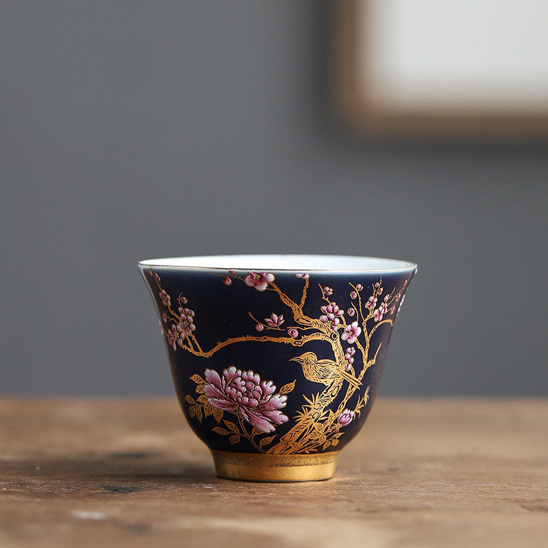 Goldene Elster & Pfingstrose Keramik-Teetasse für Kung-Fu-Tee