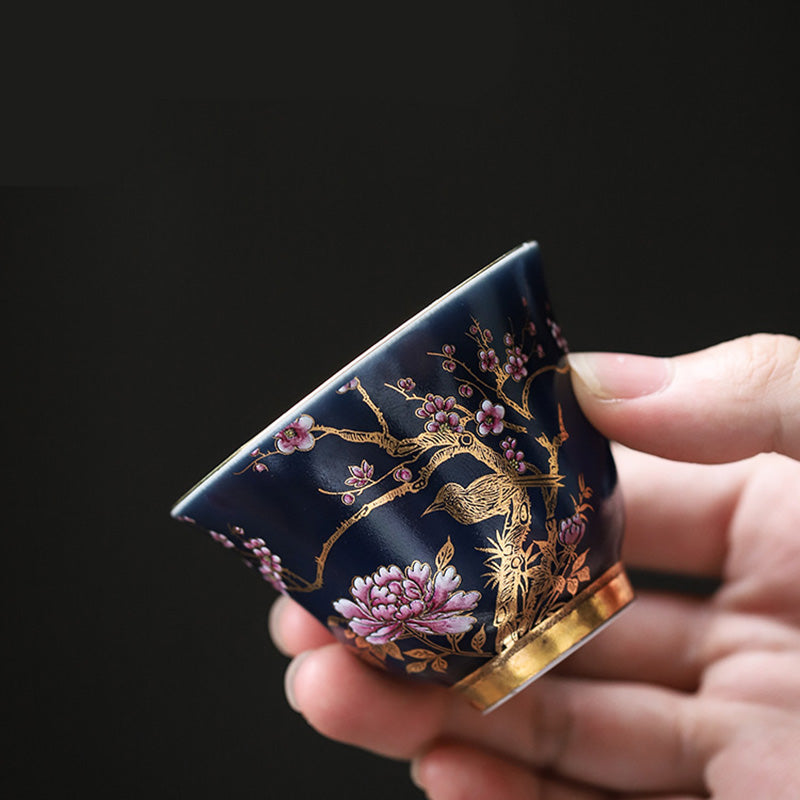 Goldene Elster & Pfingstrose Keramik-Teetasse für Kung-Fu-Tee