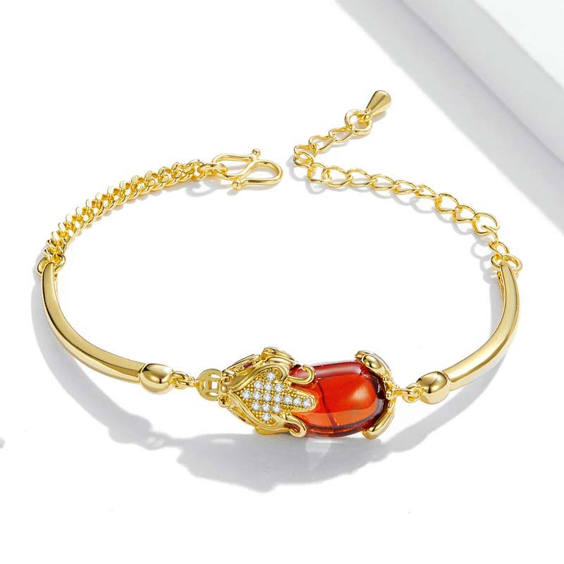 Goldenes rotes Achat-Pixiu-Armband, 19 cm, Reichtum und Glück