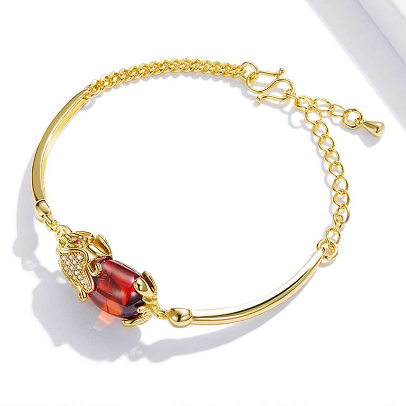 Goldenes rotes Achat-Pixiu-Armband, 19 cm, Reichtum und Glück