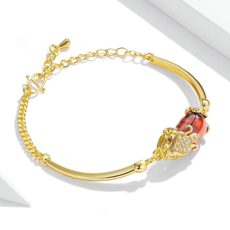Goldenes rotes Achat-Pixiu-Armband, 19 cm, Reichtum und Glück