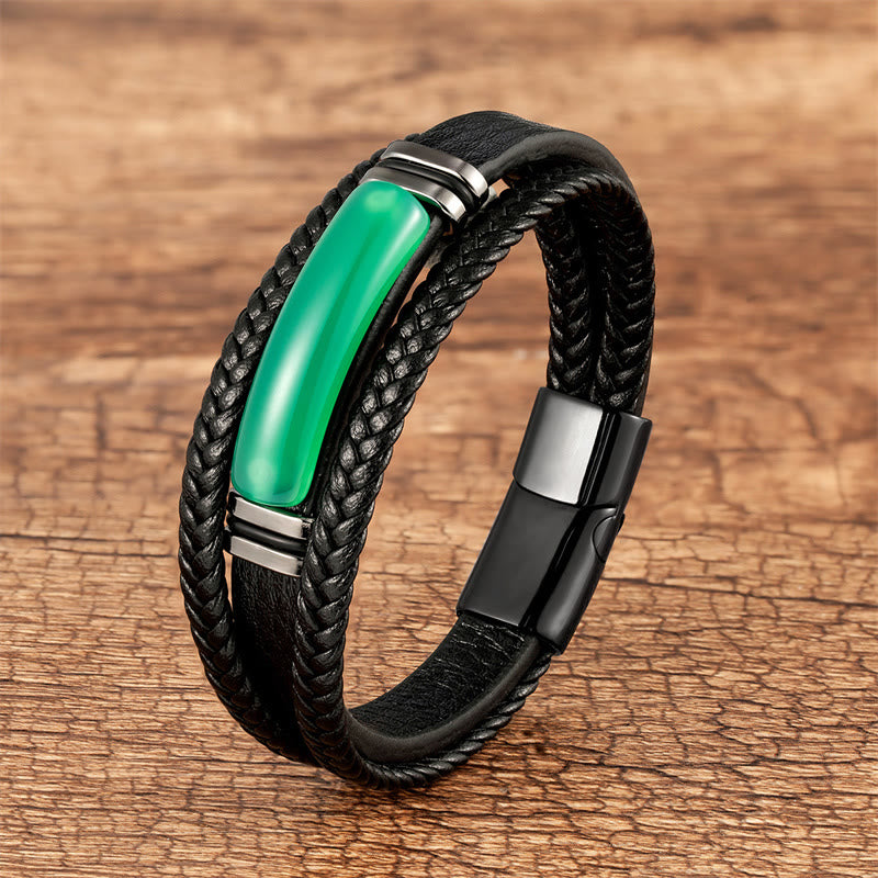 Grüner Achat Mehrlagiges geflochtenes Lederarmband aus Achat