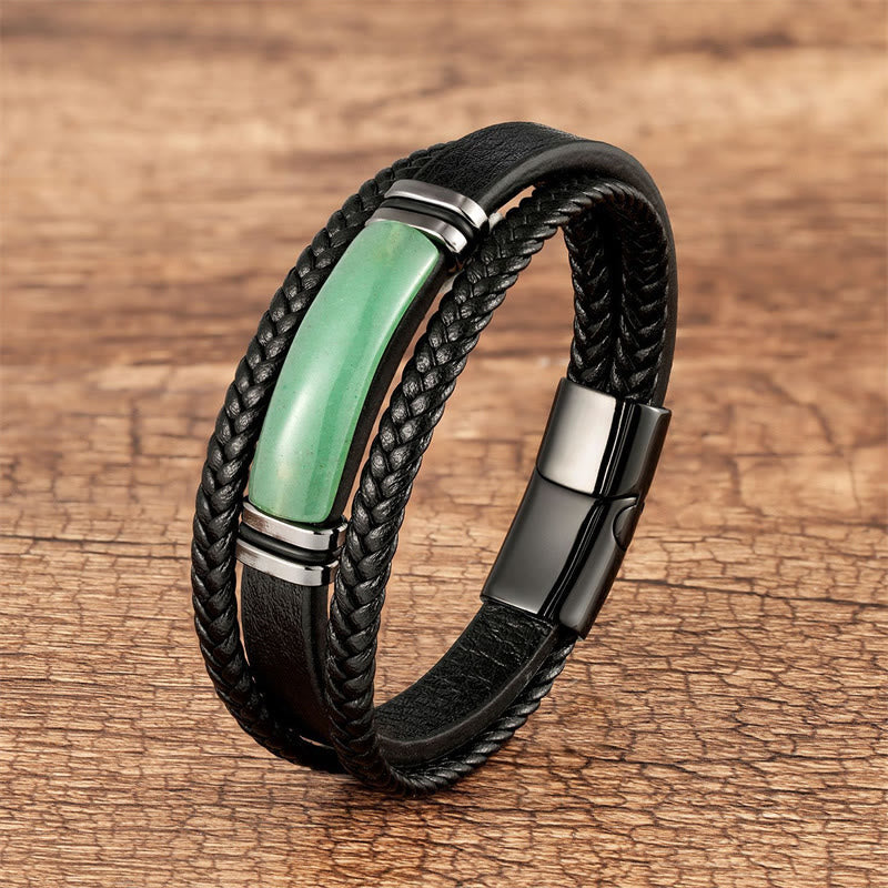 Grüner Achat Mehrlagiges geflochtenes Lederarmband aus Achat
