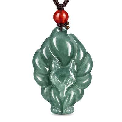 Green Jade Nine Tailed Fox Luck Necklace Pendant, on a white background