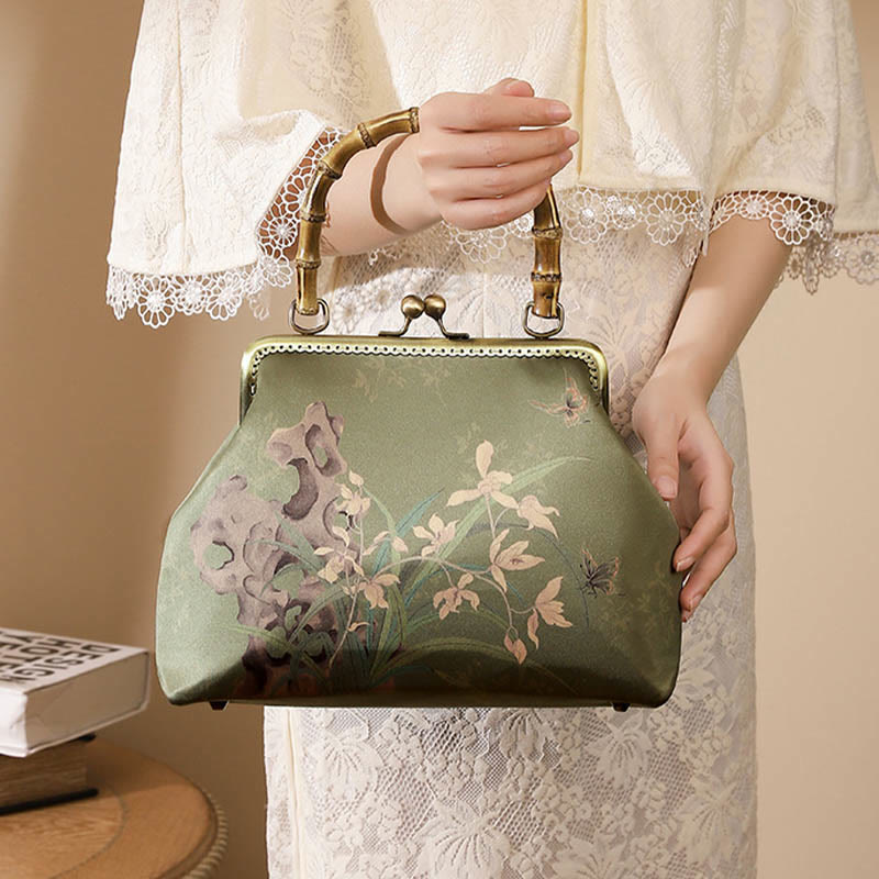 Green Plants Mountains Umhängetasche mit Bambusgriff in Grün