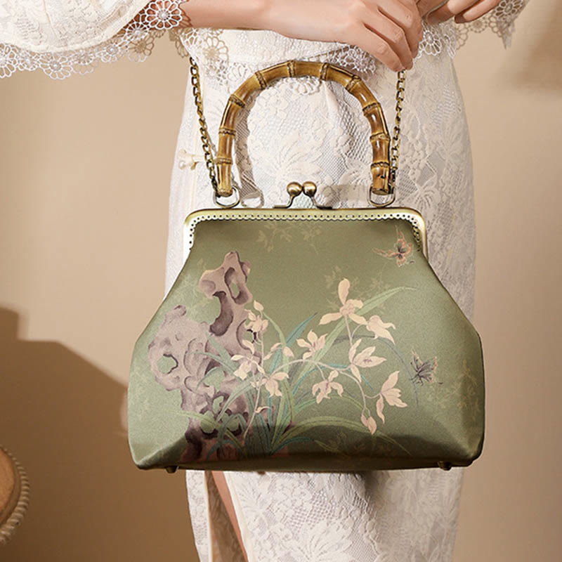 Green Plants Mountains Umhängetasche mit Bambusgriff in Grün