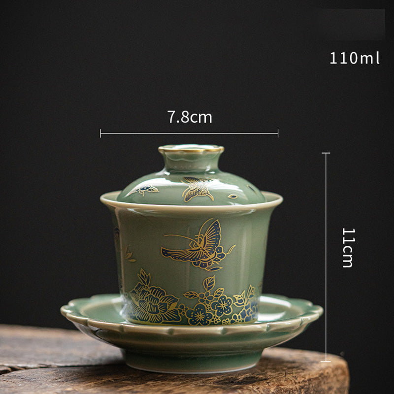 Grünes Gaiwan-Teeservice aus Porzellan | Schmetterlingsblumen- und Lachsdesign