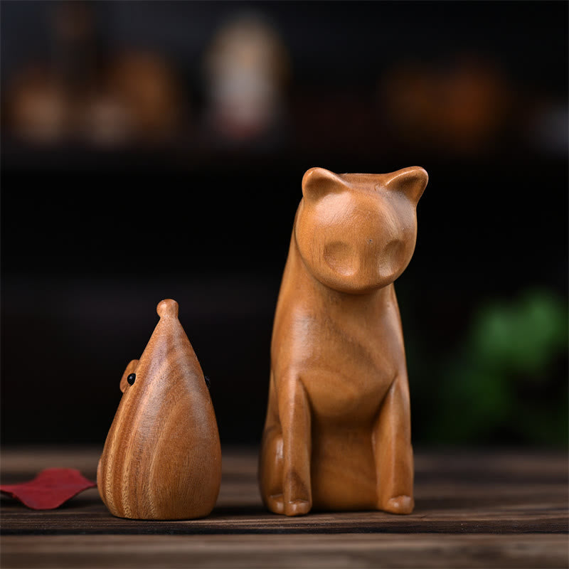 Grüne Sandelholz-Katzen- und Mausfiguren | Spirituelles Tierdekor
