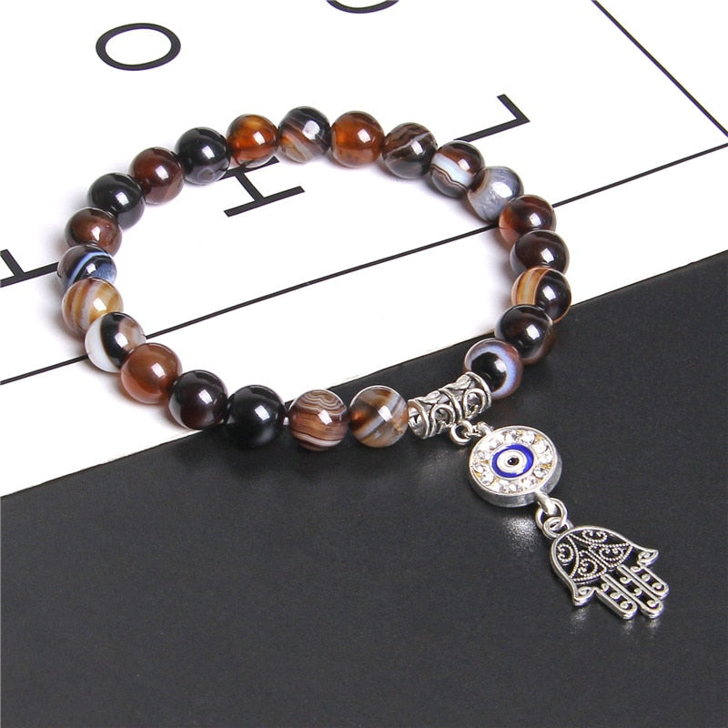 Hamsa-Armband mit Achat- und Sonnenstein-Edelsteinen