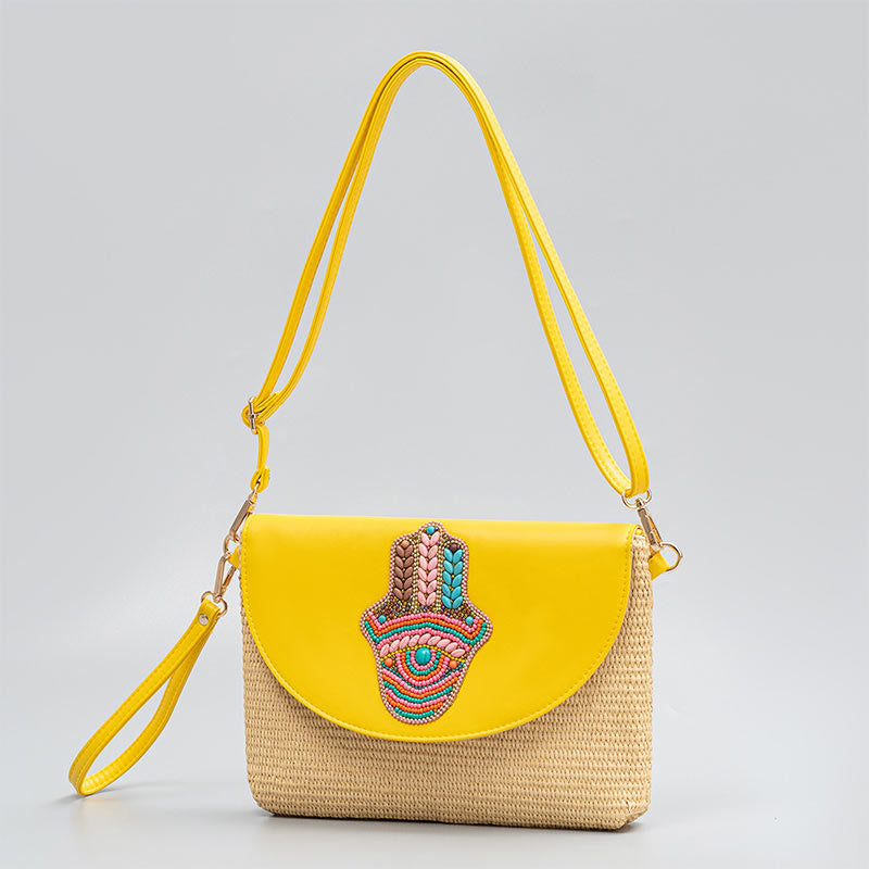 Hamsa-Umhängetasche aus Stroh mit Elefanten- und Blumendesign