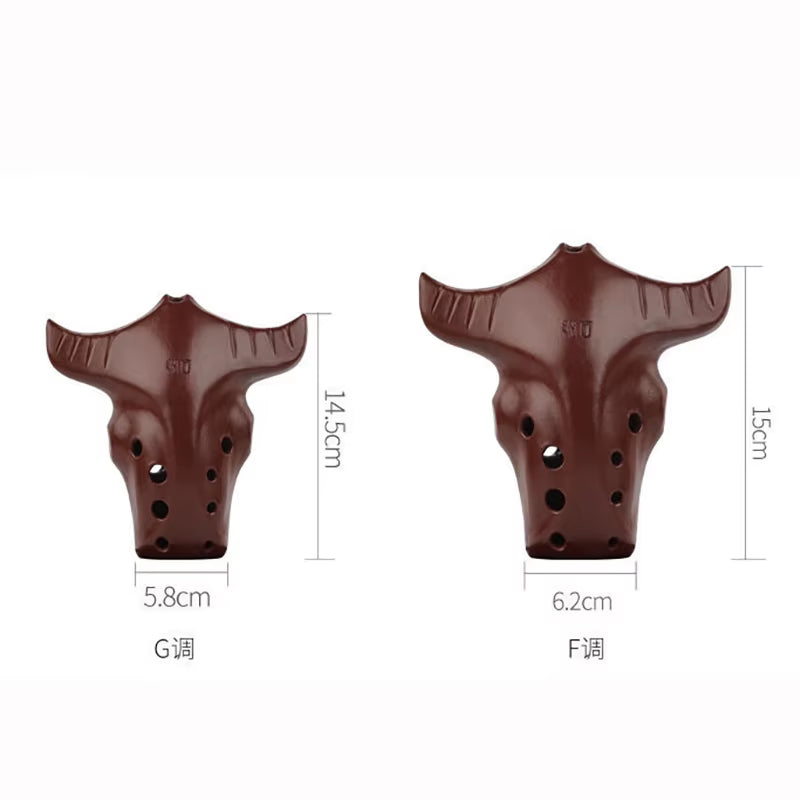 Brown ceramic bull head ocarina with holes, part of Handmade 10-Hole Ceramic Chinese Xun