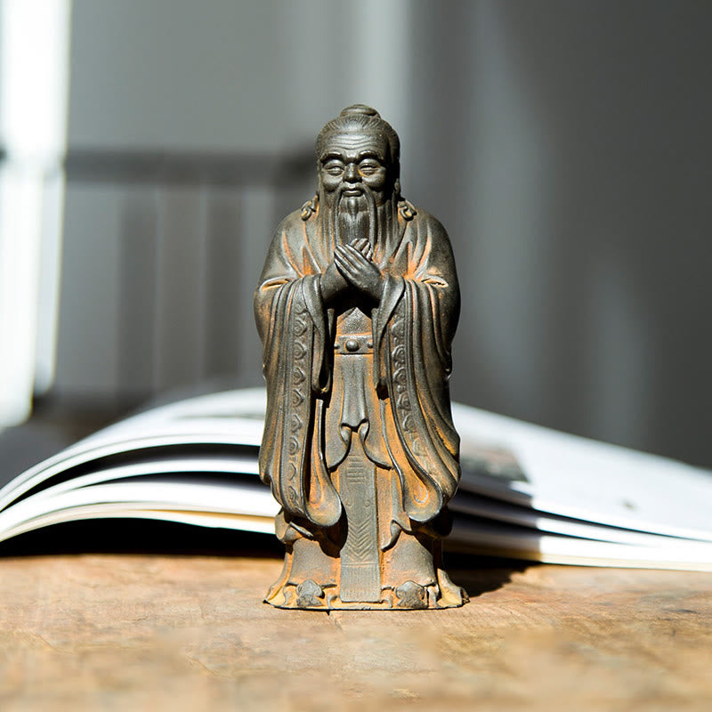 Handgefertigte 14 cm große spirituelle Konfuzius-Statue aus Eisenpulverharz