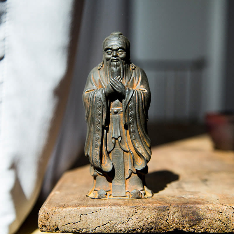 Handgefertigte 14 cm große spirituelle Konfuzius-Statue aus Eisenpulverharz