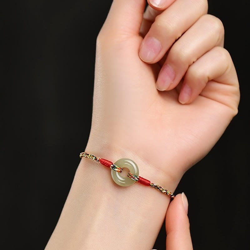 Handgefertigtes Jade-Wohlstandsarmband mit Peace-Schnalle, Seil, 14–17 cm