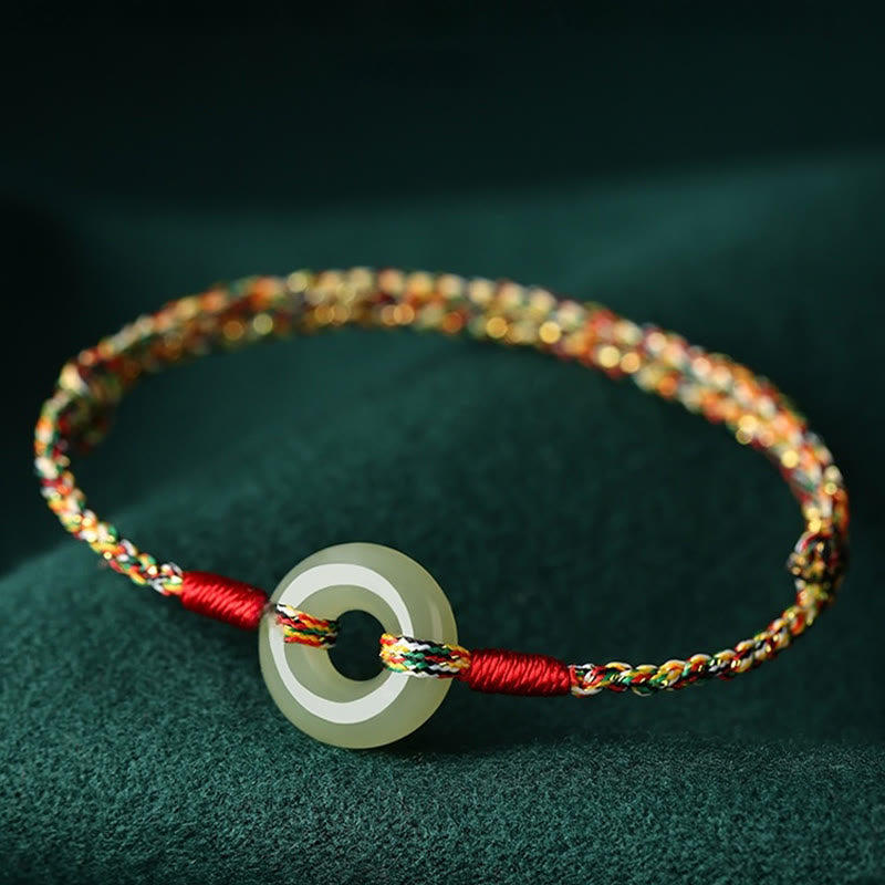 Handgefertigtes Jade-Wohlstandsarmband mit Peace-Schnalle, Seil, 14–17 cm