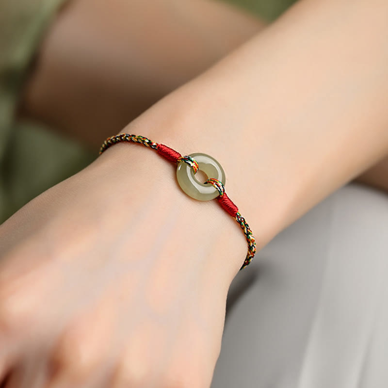 Handgefertigtes Jade-Wohlstandsarmband mit Peace-Schnalle, Seil, 14–17 cm