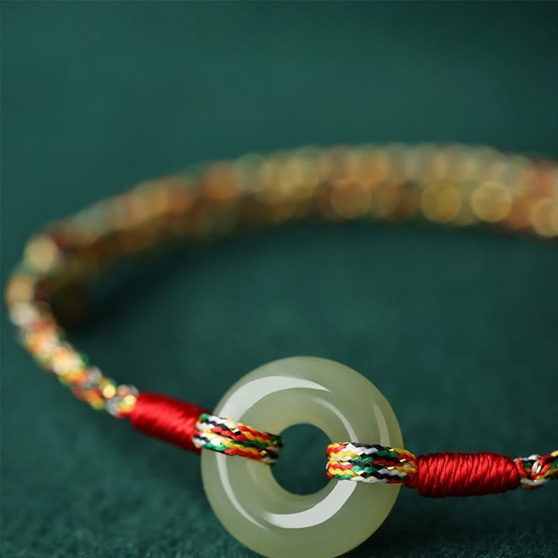 Handgefertigtes Jade-Wohlstandsarmband mit Peace-Schnalle, Seil, 14–17 cm