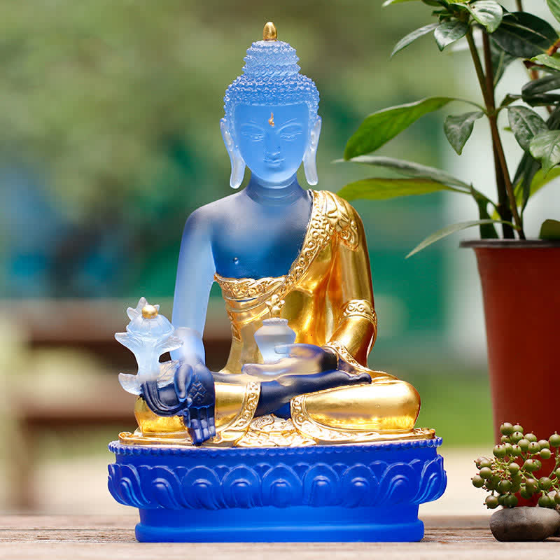 Handgefertigte Medizin-Buddha-Statue aus Liuli-Kristall, 13 cm