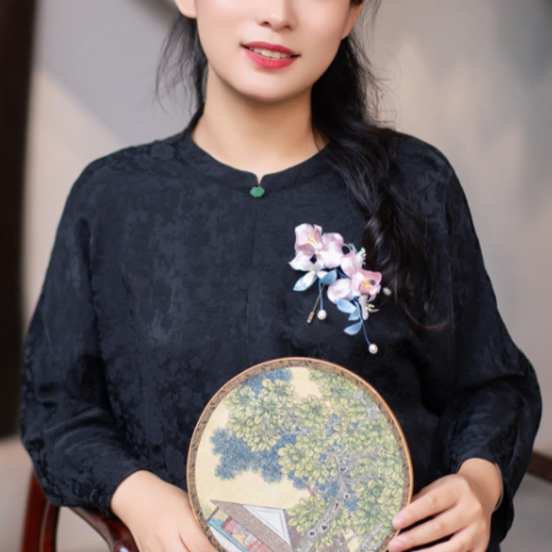 Handgemachte Maulbeerseide-Rosa-Iris-Ranken-Brosche für Balance