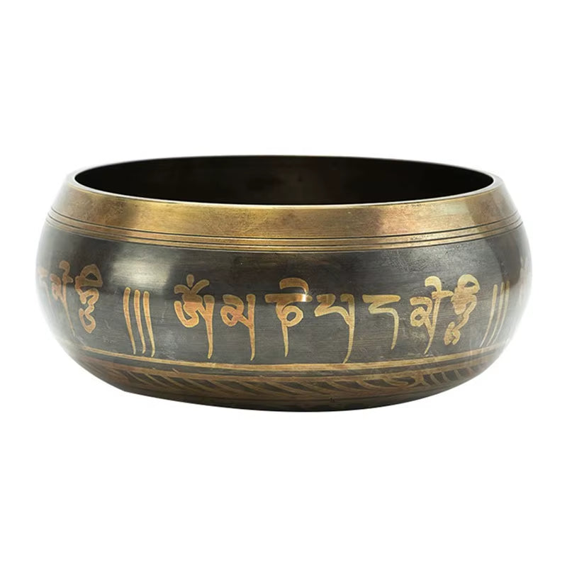 Handmade Tibetan Singing Bowl with Sanskrit etching and brass trim for meditation therapy