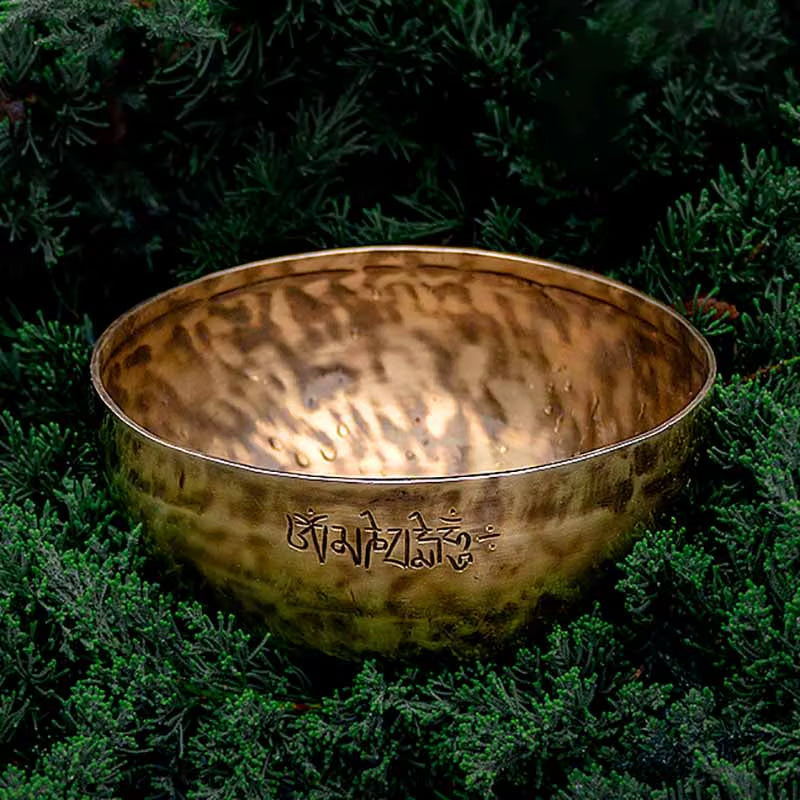 Handmade Tibetan Sound Bowl with engraved Tibetan script in hammered brass finish