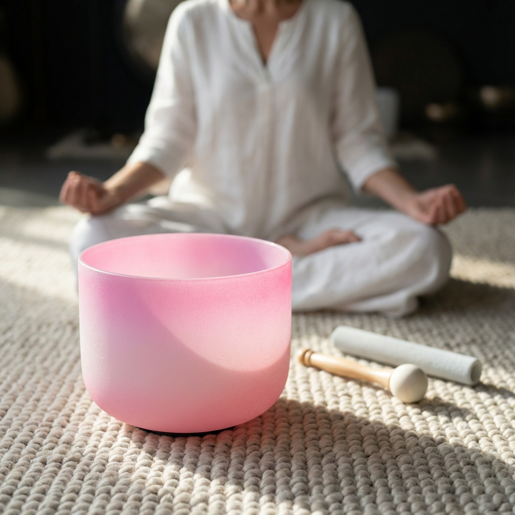 Herzchakra-Klangschale aus Quarzkristall mit F-Note