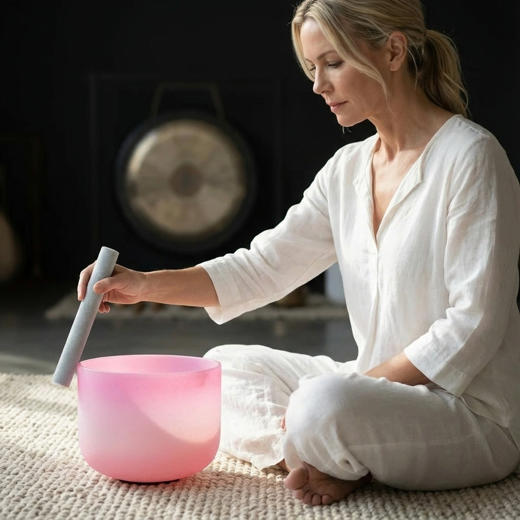 Herzchakra-Klangschale aus Quarzkristall mit F-Note