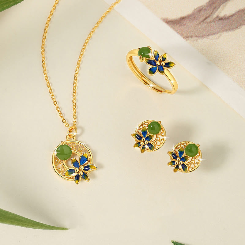 Hetian Cyan Jade 3-teiliges Schmuckset | Halskette, Ring, Ohrringe