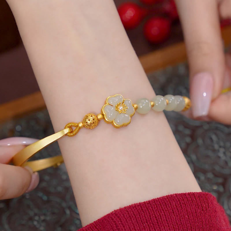 Hetian Jade 925 Sterling Silber Glücksblumen-Manschettenarmband