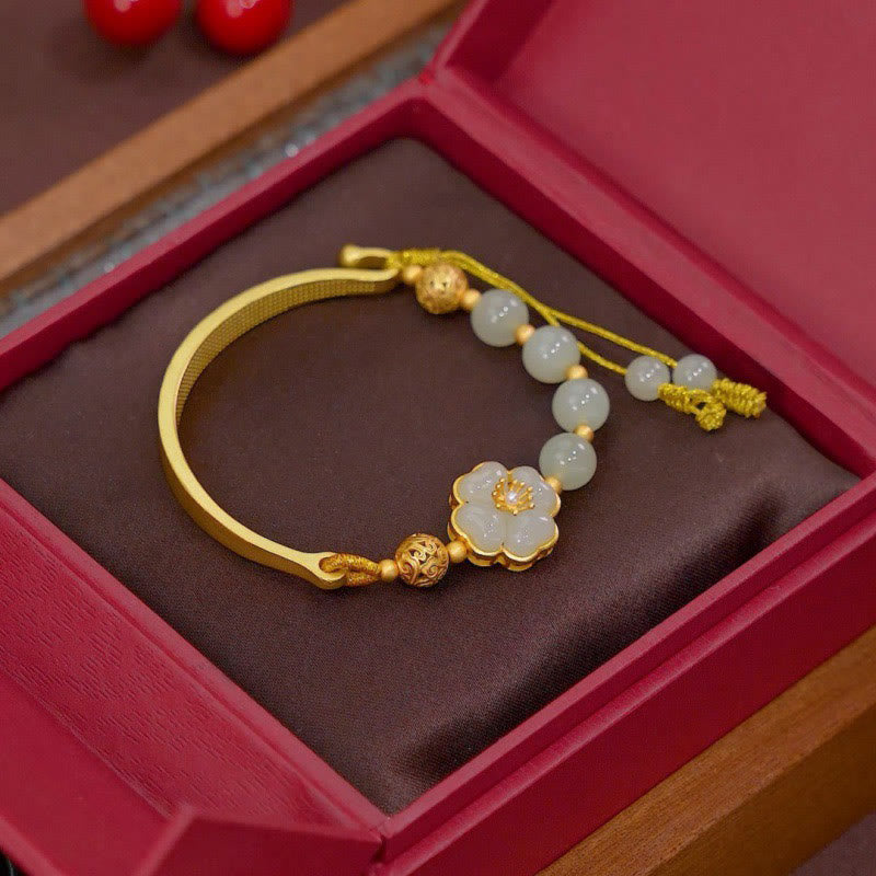 Hetian Jade 925 Sterling Silber Glücksblumen-Manschettenarmband
