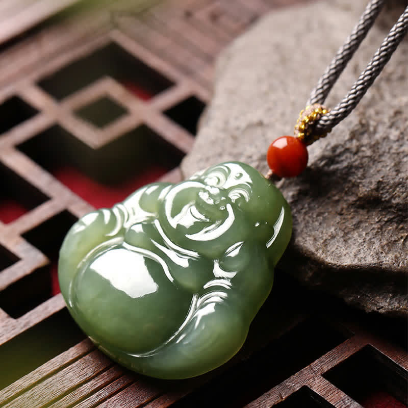 Halskette mit lachendem Buddha aus Hetian-Jade für Fülle und Wohlstand